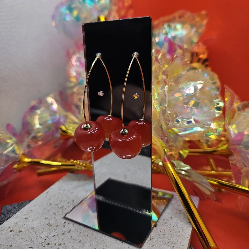 Gold Cherry Charm Drop Earrings | Red Bead Dangle | NEW
